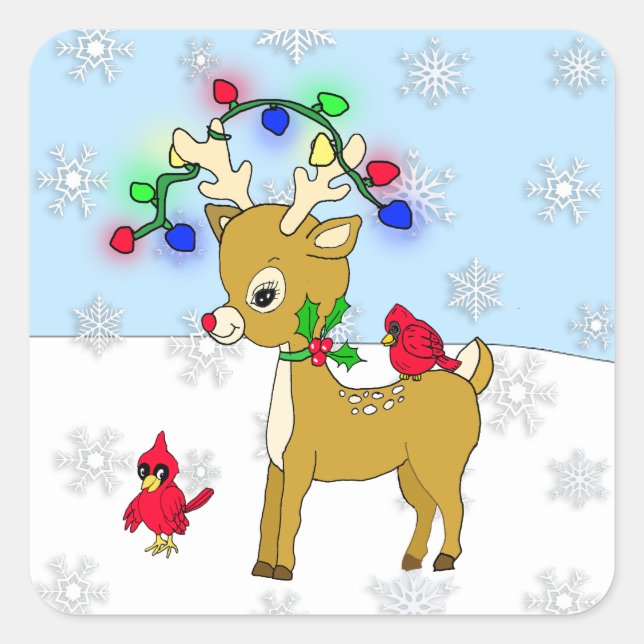 Cute Baby Reindeer with Cardinals and Snow flakes Square Sticker (Front)