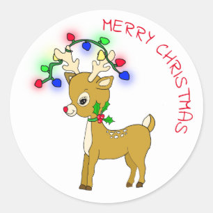 Cute Baby Reindeer with Christmas Lights Classic Round Sticker
