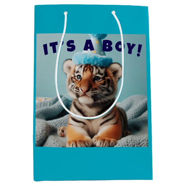 Cute Baby Reveal Boy Blue Baby Tiger Medium Gift Bag (Front)