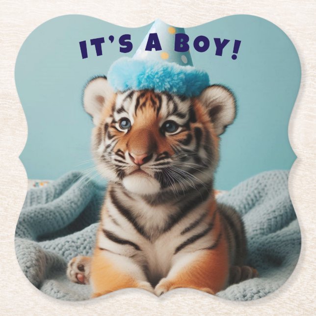Cute Baby Reveal Boy Blue Baby Tiger Paper Coaster (Front)