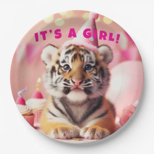 Cute Baby Reveal Girl Pink Baby Tiger Paper Plate