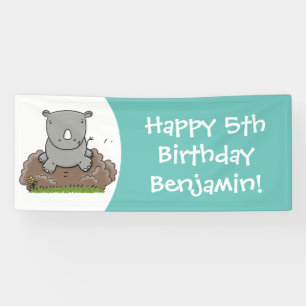 Cute baby rhino cartoon illustration banner