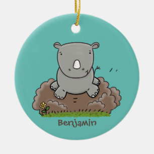 Cute baby rhino cartoon illustration ceramic tree decoration