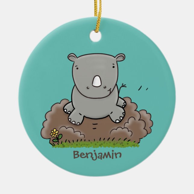Cute baby rhino cartoon illustration ceramic tree decoration (Front)