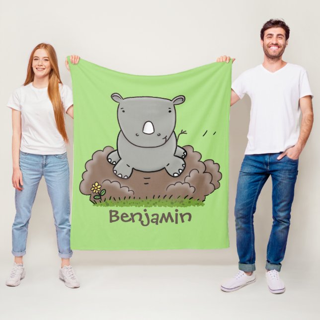 Cute baby rhino cartoon illustration fleece blanket (In Situ)