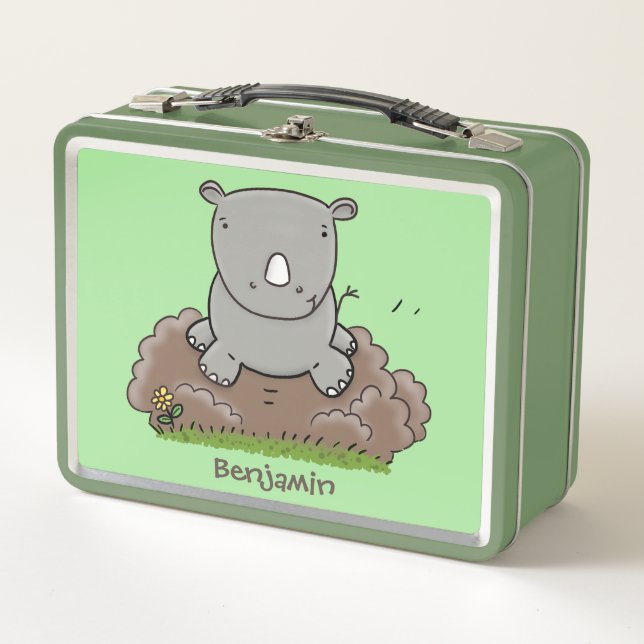 Cute baby rhino cartoon illustration metal lunch box (Front)
