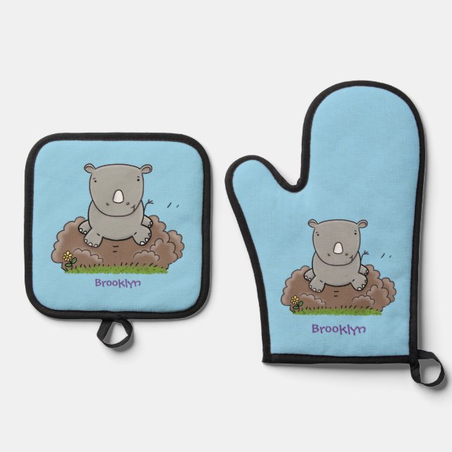 Cute baby rhino cartoon illustration oven mitt & pot holder set (Front)