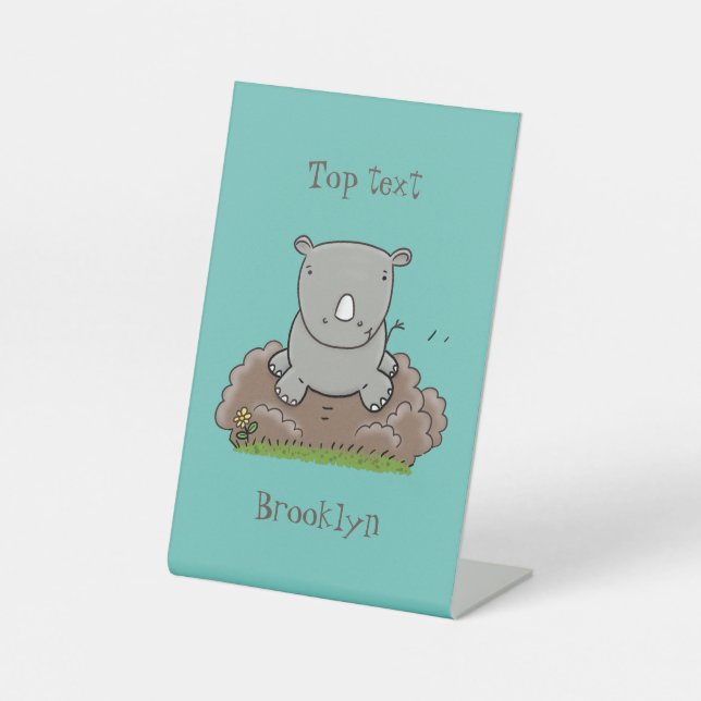 Cute baby rhino cartoon illustration pedestal sign (Front)