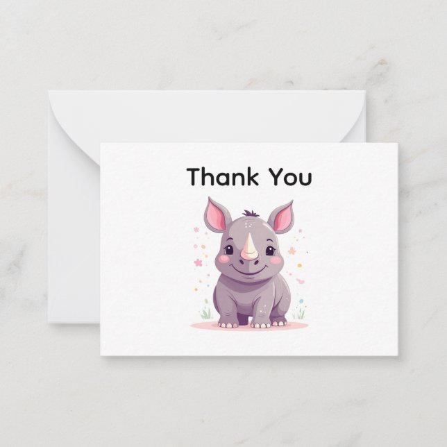 Cute Baby Rhino Cartoon Illustration Thank You Card (Front)
