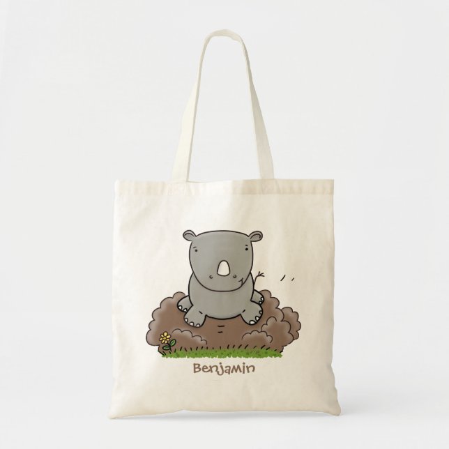Cute baby rhino cartoon illustration tote bag (Front)