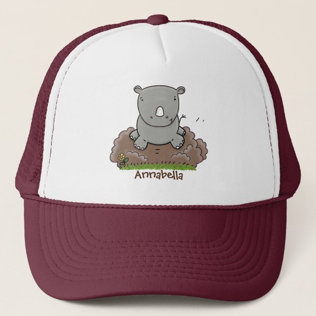 Cute baby rhino cartoon illustration trucker hat (Front)