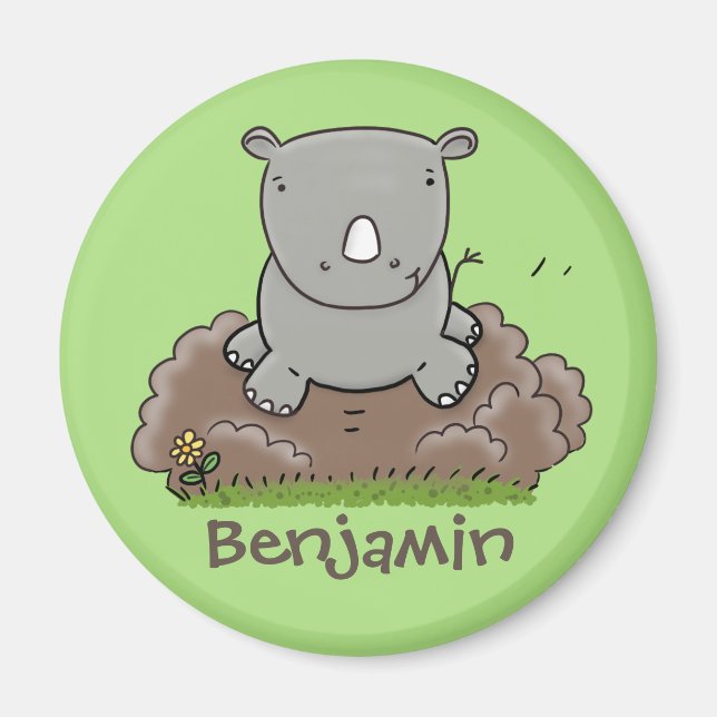 Cute baby rhino green cartoon illustration magnet (Front)