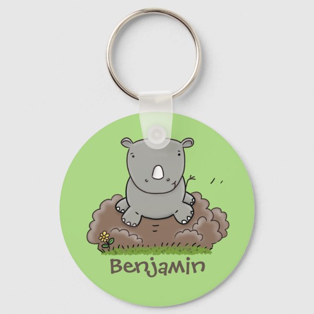 Cute baby rhino running green cartoon illustration key ring (Front)