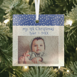 Cute Baby`s 1`st Christmas Blue Stars Photo Baby Glass Tree Decoration