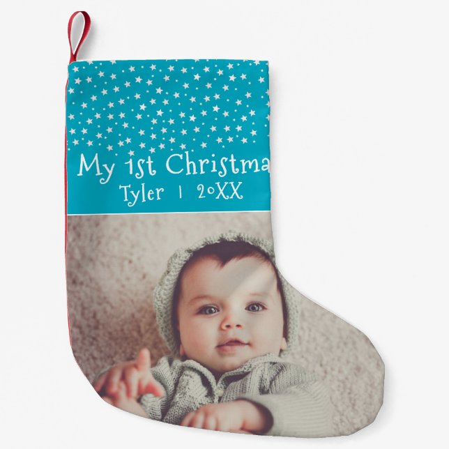 Cute Baby`s 1`st Christmas Blue Stars Photo Small Christmas Stocking (Front)