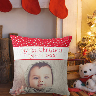 Cute Baby`s 1`st Christmas Red Stars Photo Baby Cushion