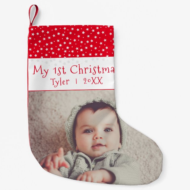 Cute Baby`s 1`st Christmas Red Stars Photo Small Christmas Stocking (Front)