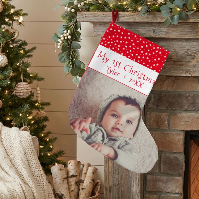 Cute Baby`s 1`st Christmas Red Stars Photo Small Christmas Stocking (Creator Uploaded)