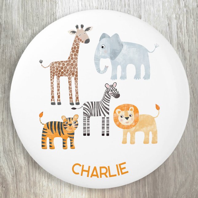 Cute Baby Safari Animal Watercolor Custom Name Ceramic Knob (Cute safari baby animal watercolor personalized baby name ceramic door pull for kid's nursery decor)