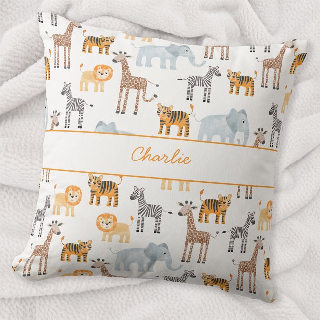 Cute Baby Safari Animal Watercolor Custom Name Cushion (Cute safari baby animals, lion tiger zebra elephant giraffe patterned personalized name throw pillow)