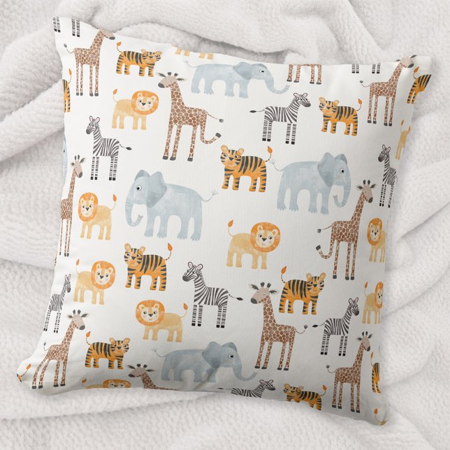 Cute Baby Safari Animal Watercolor Pattern Cushion (Cute safari baby animals, lion tiger zebra elephant giraffe patterned throw pillow)