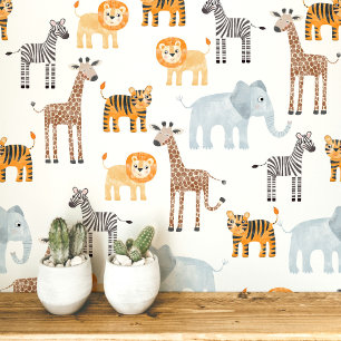 Cute Baby Safari Animal Watercolor Pattern Wallpaper