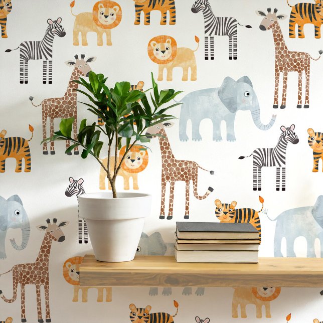 Cute Baby Safari Animal Watercolor Pattern Wallpaper (Cute safari animal lion, tiger, elephant, giraffe and zebra nursery and kids room decor wallpaper)