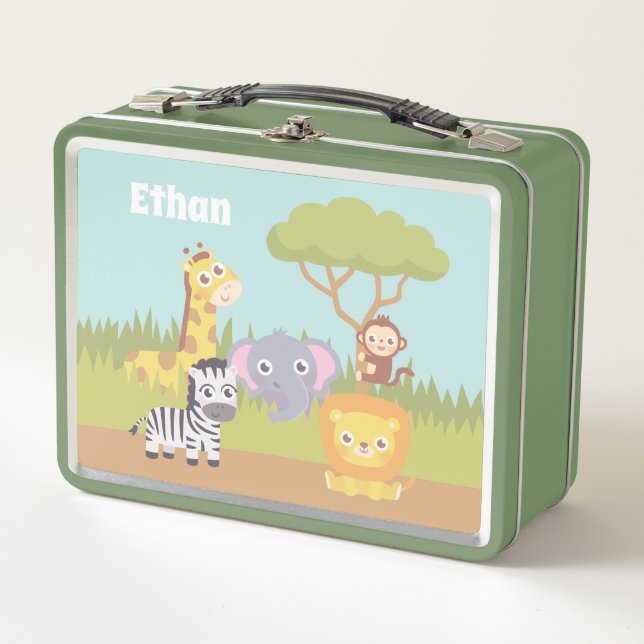 Cute Baby Safari Animals Kids Personalised Metal Lunch Box (Front)
