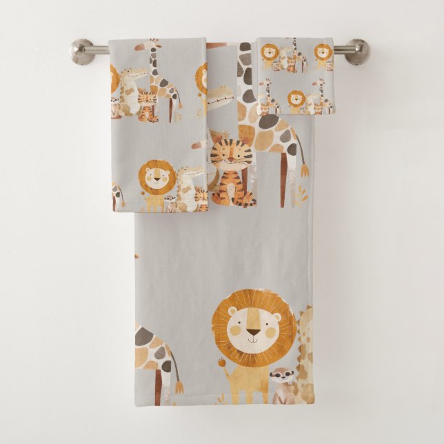 Cute Baby Safari Animals on Smokey Beige Bath Towel Set (Insitu)