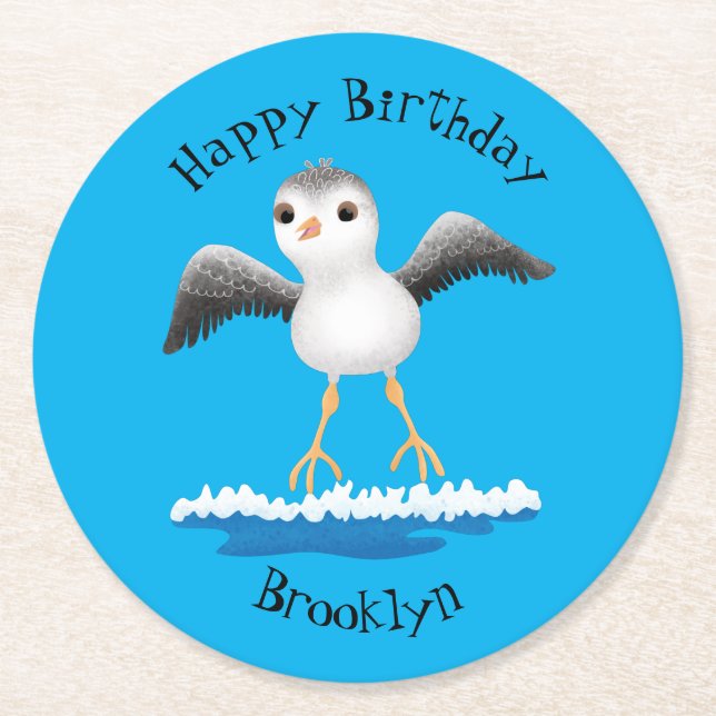 Cute baby sandpiper cartoon illustration round paper coaster (Front)