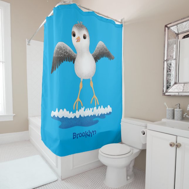 Cute baby sandpiper cartoon illustration shower curtain (In Situ)