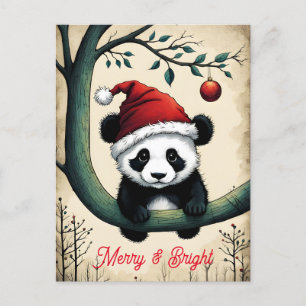 Cute Baby Santa Panda On Tree Branch Christmas Postcard