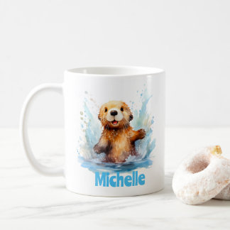 Cute Baby Sea Otter in Water Splashes Personalised Coffee Mug
