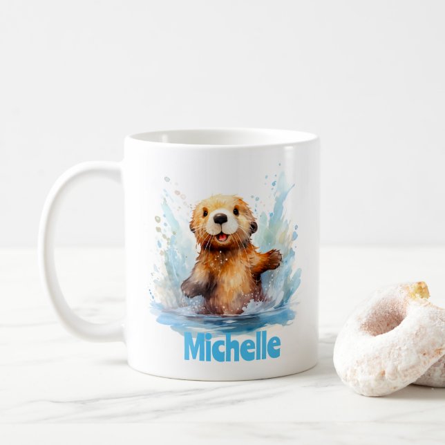 Cute Baby Sea Otter in Water Splashes Personalised Coffee Mug (With Donut)