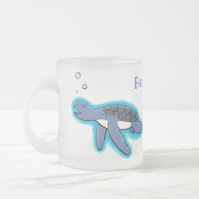 Cute baby sea turtle cartoon illustration frosted glass coffee mug (Left)