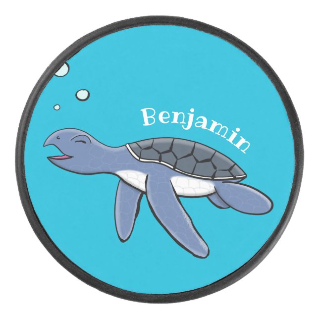 Cute baby sea turtle cartoon illustration hockey puck (Front)