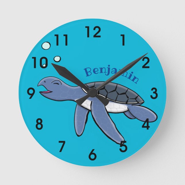 Cute baby sea turtle cartoon illustration round clock (Front)