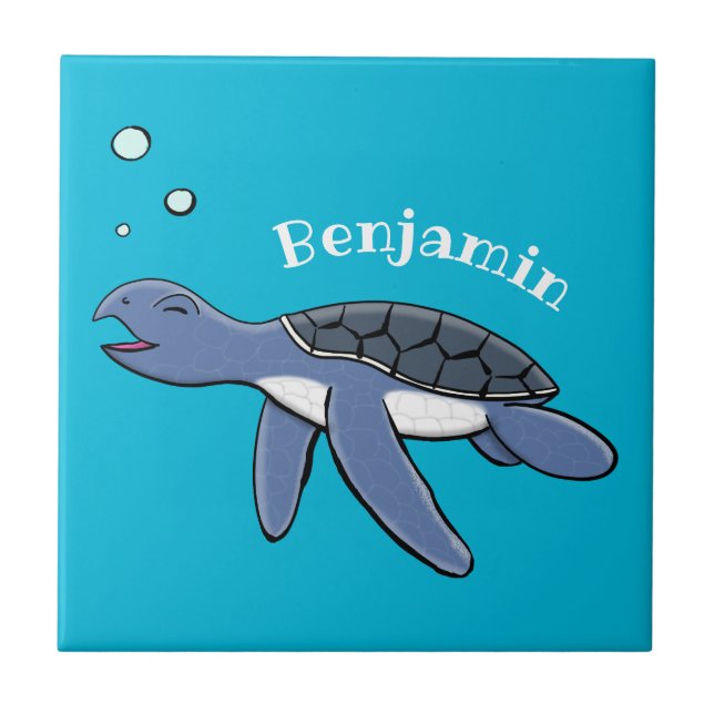Cute baby sea turtle cartoon illustration tile (Front)