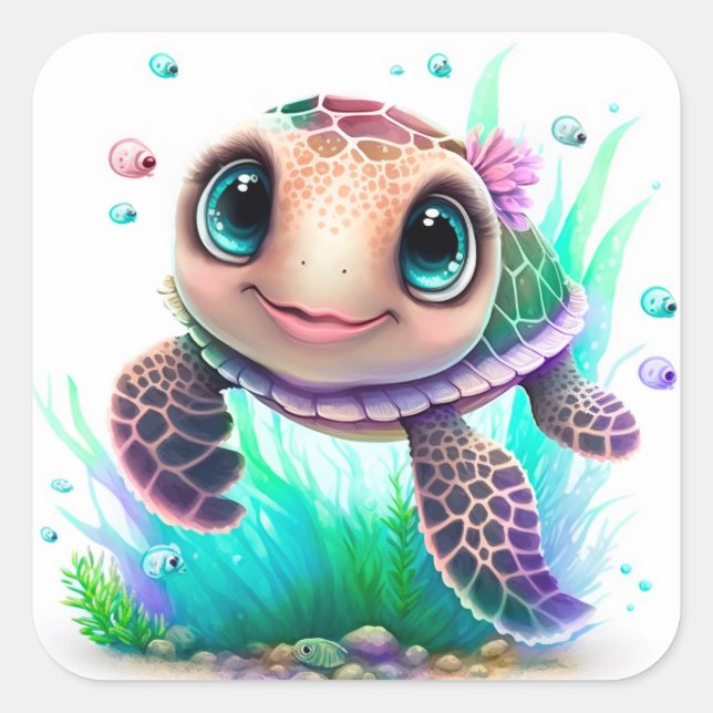 Cute Baby Sea Turtle Illustration – Adorable Ocean Square Sticker (Front)