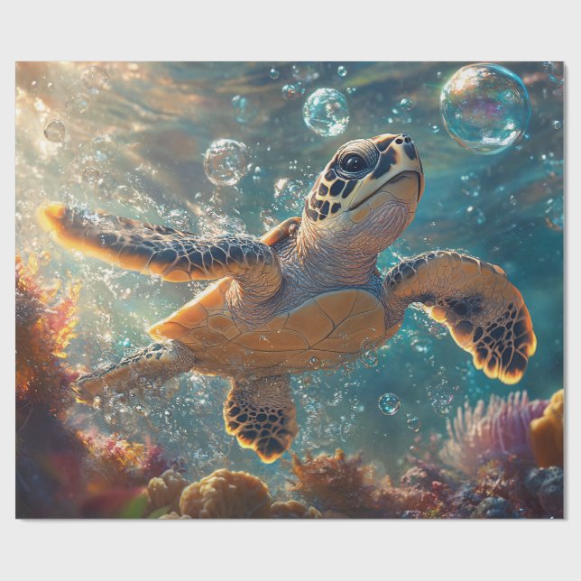 Cute Baby Sea Turtle with Bubbles Decoupage Wrapping Paper (Flat)