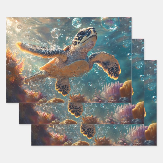 Cute Baby Sea Turtle with Bubbles Decoupage Wrapping Paper Sheet (Set)