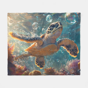 Cute Baby Sea Turtle with Bubbles Fleece Blanket