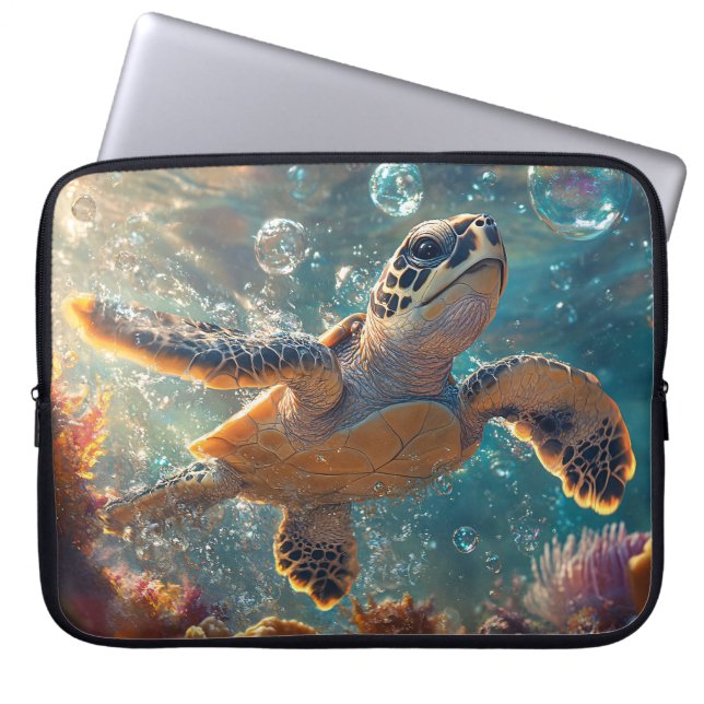 Cute Baby Sea Turtle with Bubbles Laptop Sleeve (Front)
