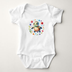 Cute Baby Sea Turtle with Flowers Ocean Animal A Bodysuit