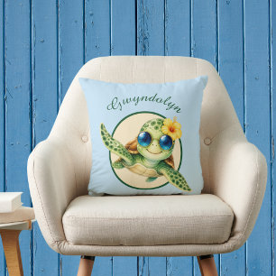 Cute Baby Sea Turtles with Tropical Flowers Cushion