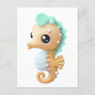 Cute baby seahorse in Teal and White  Postcard