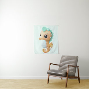 Cute baby seahorse in Teal and White     Tapestry