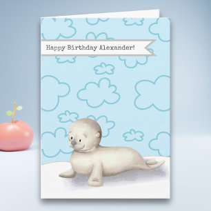 Cute Baby Seal Personalised Happy Birthday Card
