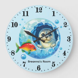 Cute baby seal unisex add name nursery  large clock