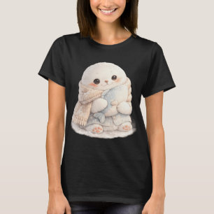 Cute baby seal wearing a scarf and hugging a fish  T-Shirt
